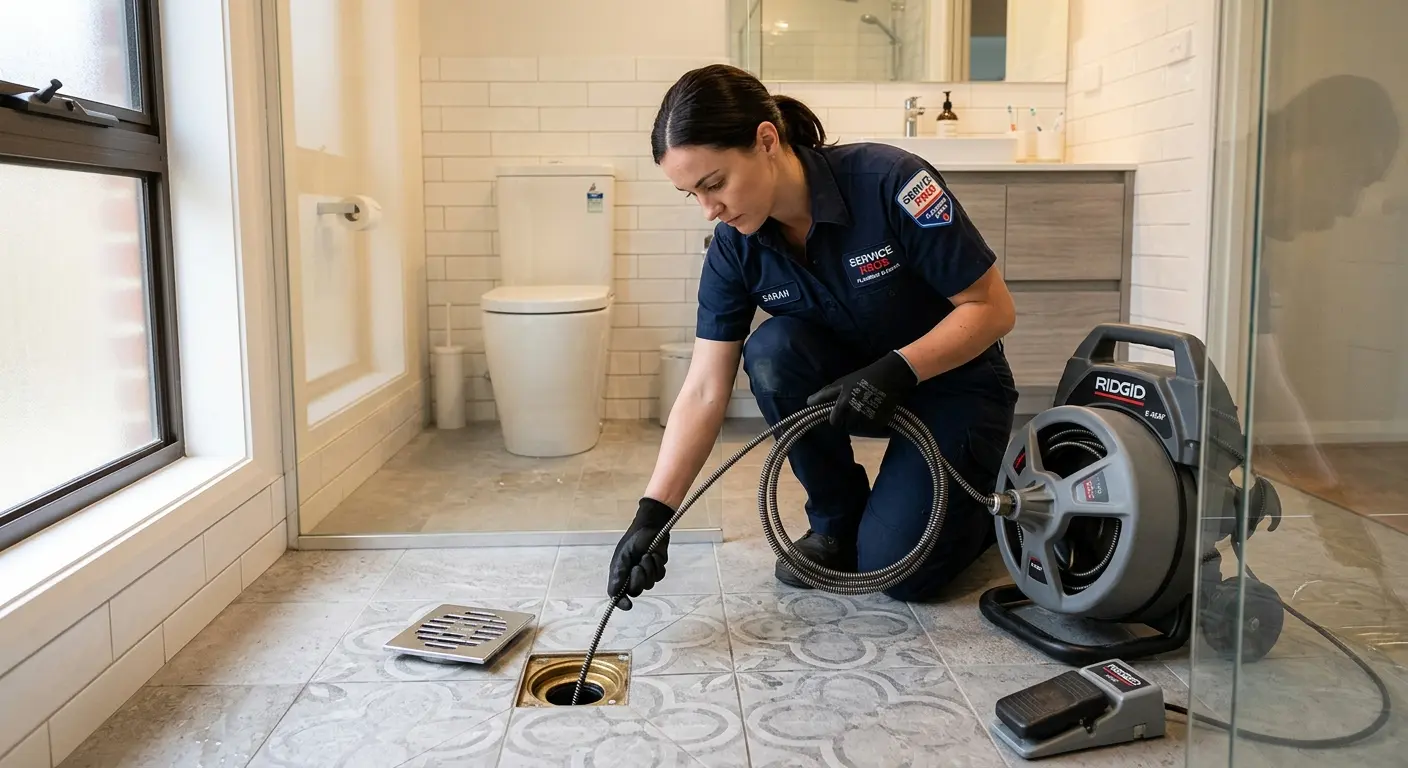 Technician clearing a bathroom floor drain for Drain Repair in Lackawaxen